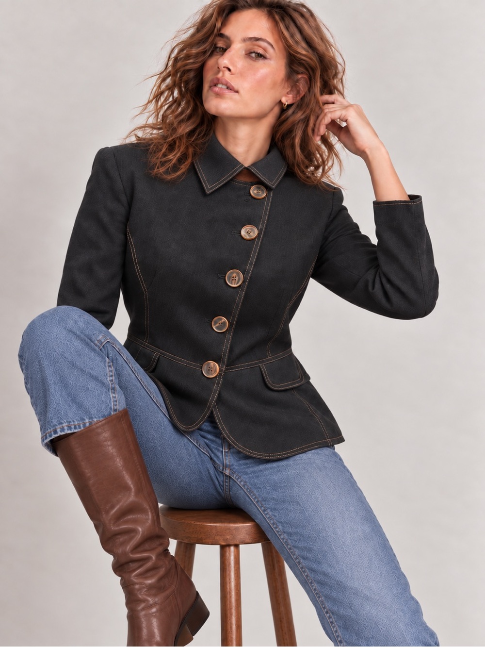 Akris Black Tailored Button-Front Jacket with Contrast Topstitching